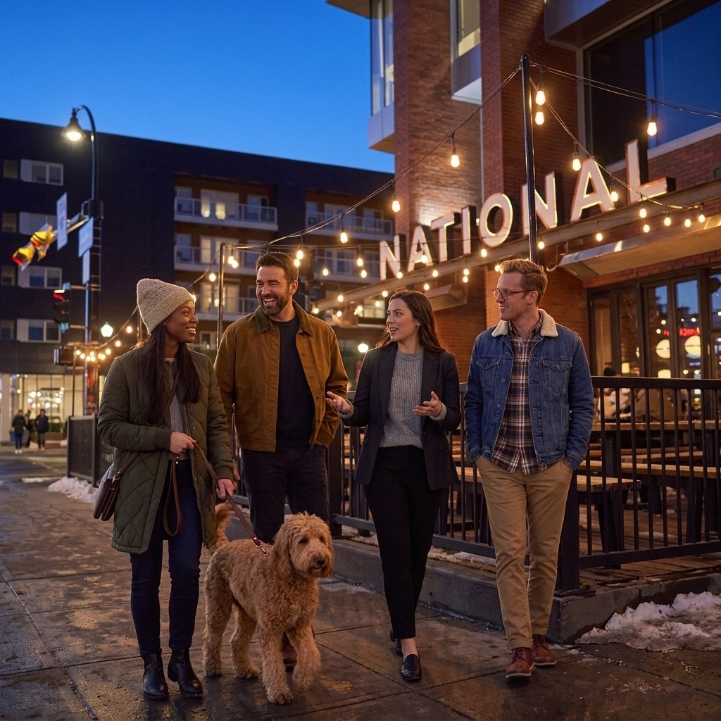 Four friends walking a dog past National on 17th Avenue in Calgary's Beltline at dusk.